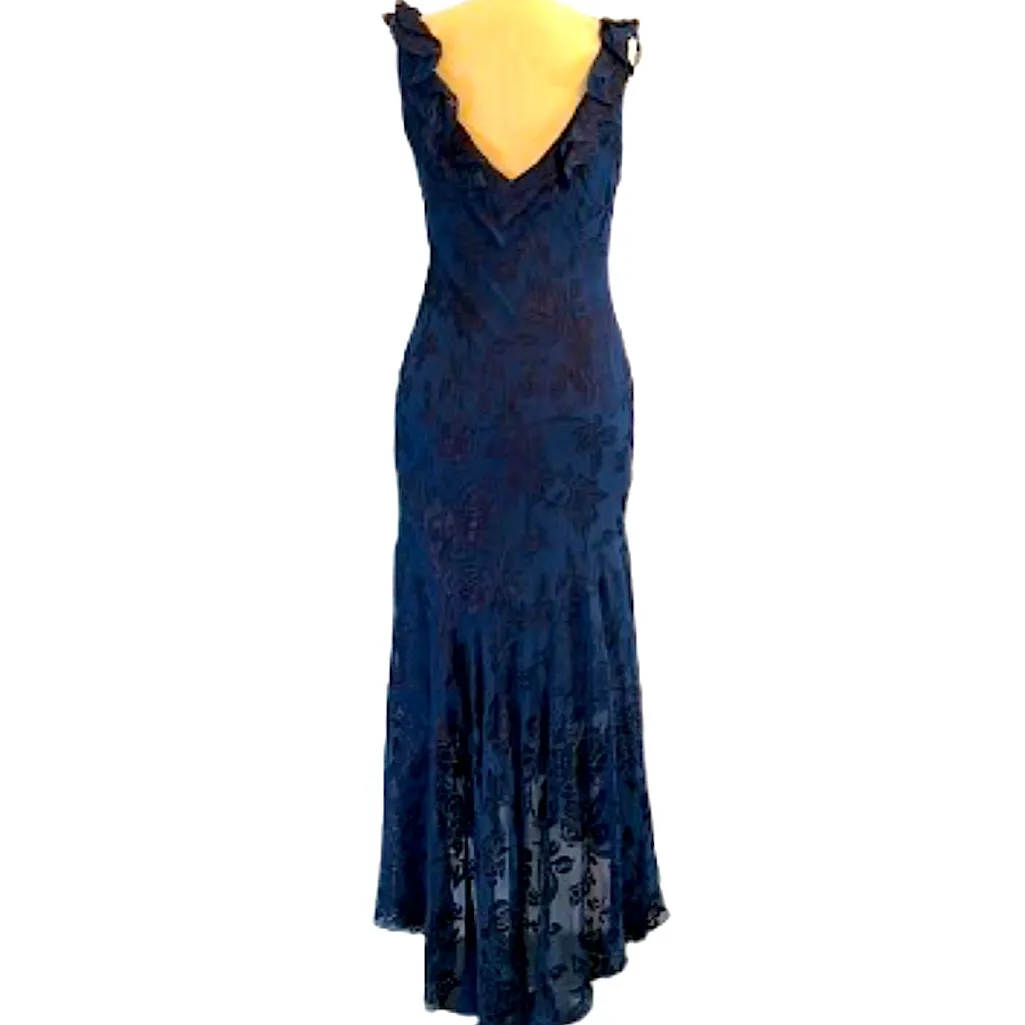 Vintage Alex Evenings blue sleeveless ruffle neckline deep V back High Low Dress - Image 3