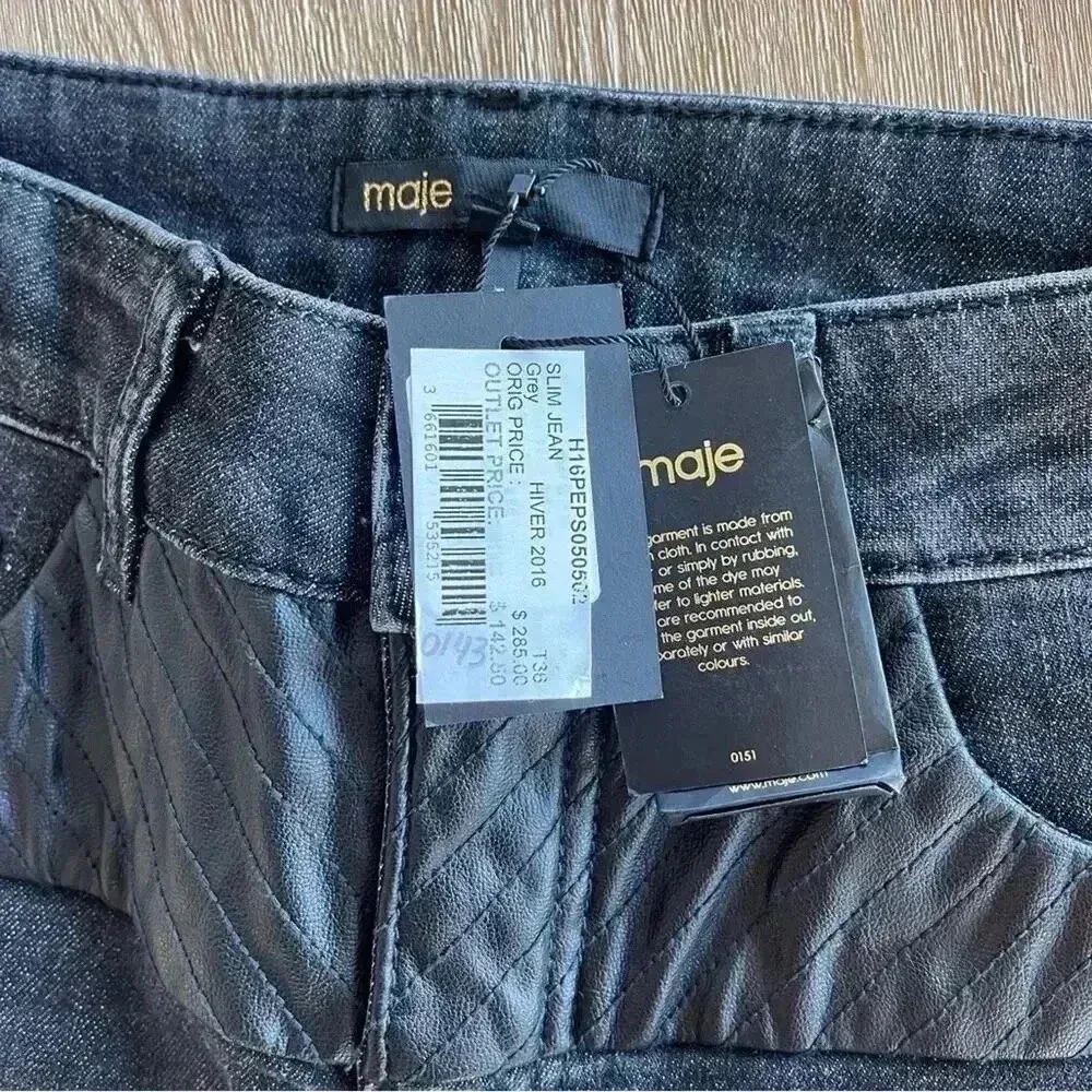 MAJE Slim Leg Faux Leather Accent Jeans NWT - Image 4