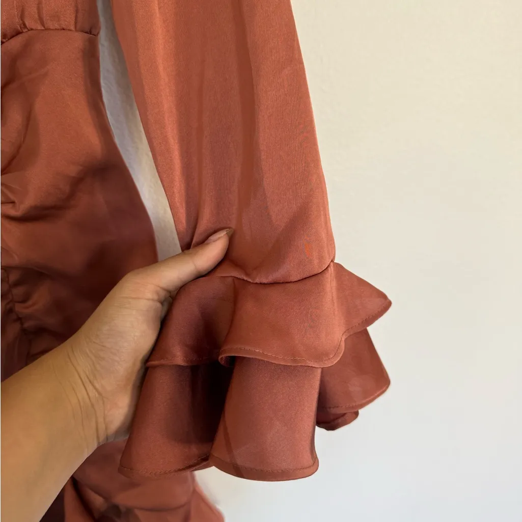 MAJORELLE Nelly Satin Ruffled Long Sleeve Dress in Pink - Image 4