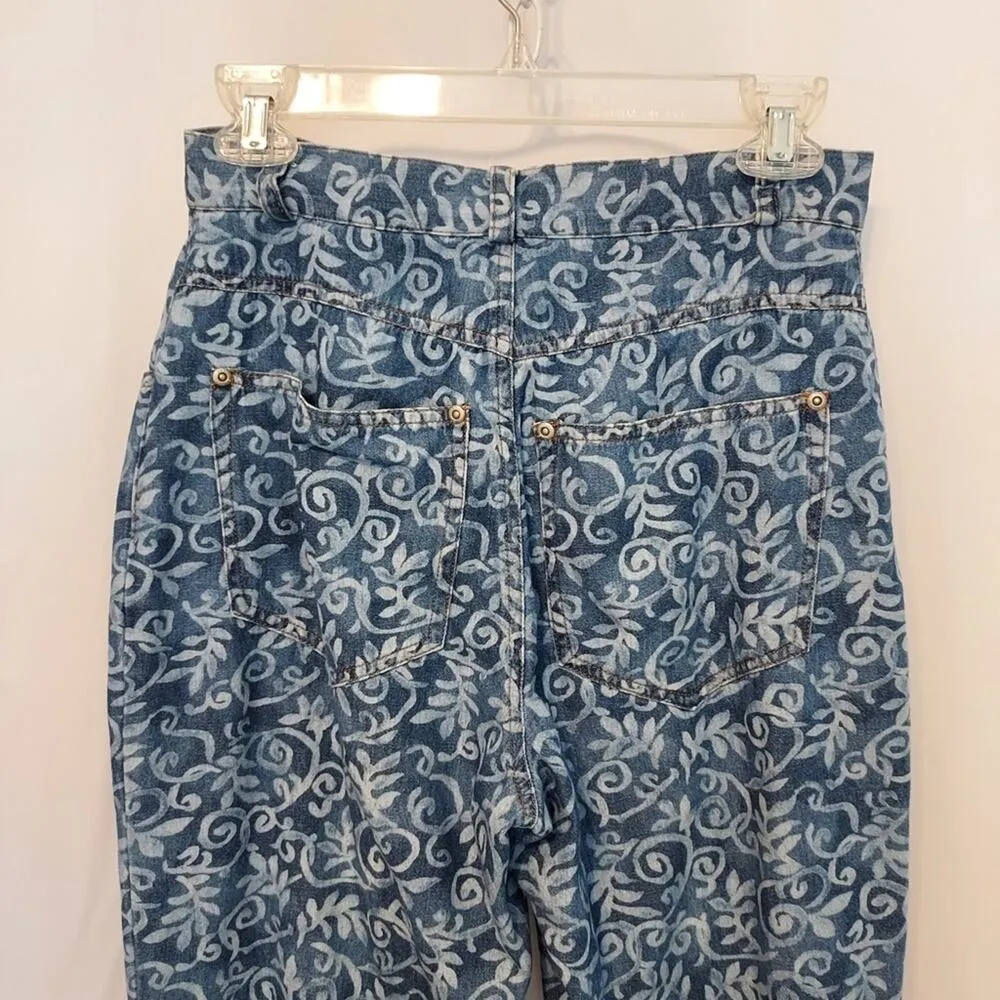 Vintage 90s Carole Little Blue White Floral Denim High Rise Straight Jeans Pants Size 6 - Image 2