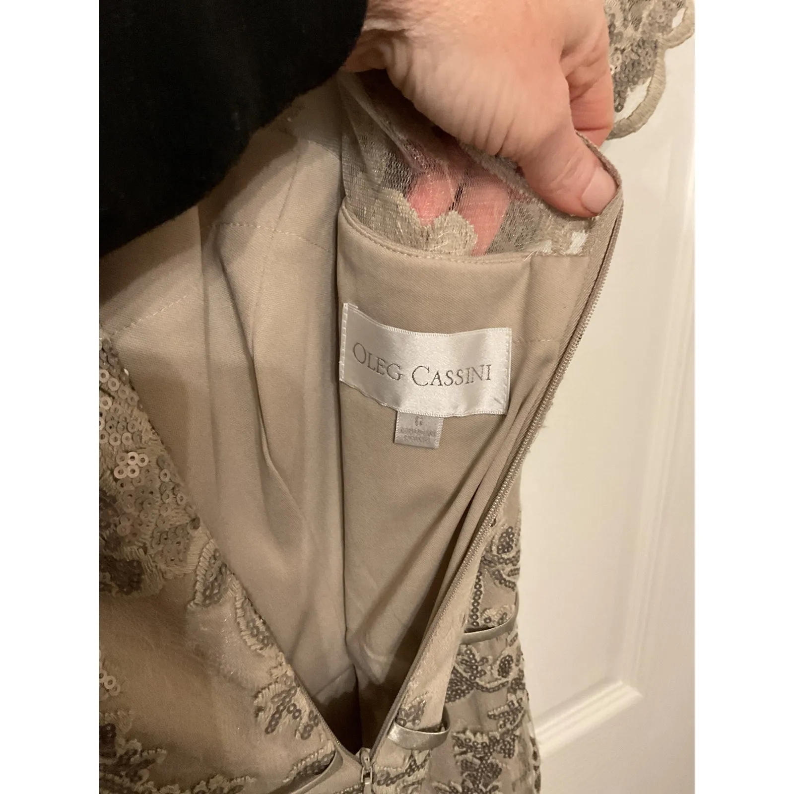 Oleg Cassini Lace Applique Cap-Sleeve Long Sheath Formal Gown in Champagne, 6 - Image 15