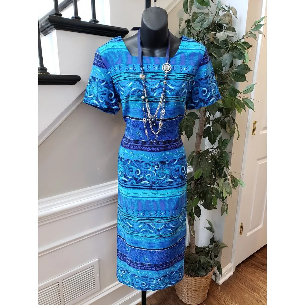 Sag Harbor Dress Women 10P Blue Multicolor Midi Shift Petite Casual Boho Size 2 - Image 2