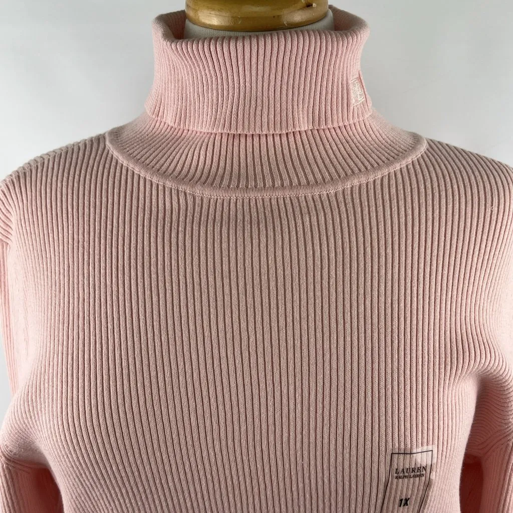 Vtg NOS Lauren Ralph Lauren 1X Pink Ribbed Turtleneck Sweater Monogram Cotton - Image 2