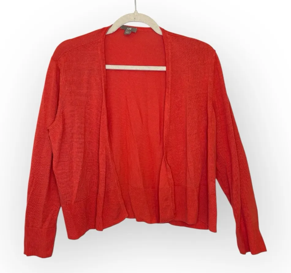J.Jill Coral Red Linen Blend Open Front Cardigan Lightweight Layering L Size L - Image 1