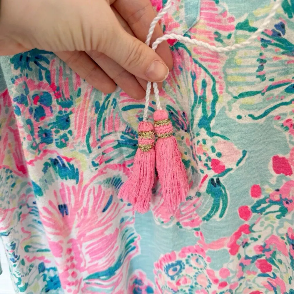 Lilly Pulitzer Dress Womens Small Floral Coastal Flare Sleeve Tassel Fish Coral - Image 4