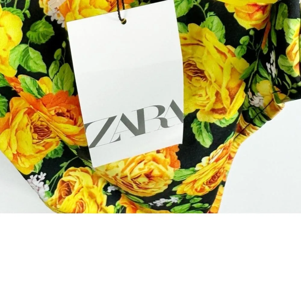 Zara Womens Criss Cross Halter Bodysuit Yellow Floral Black Medium - Image 7