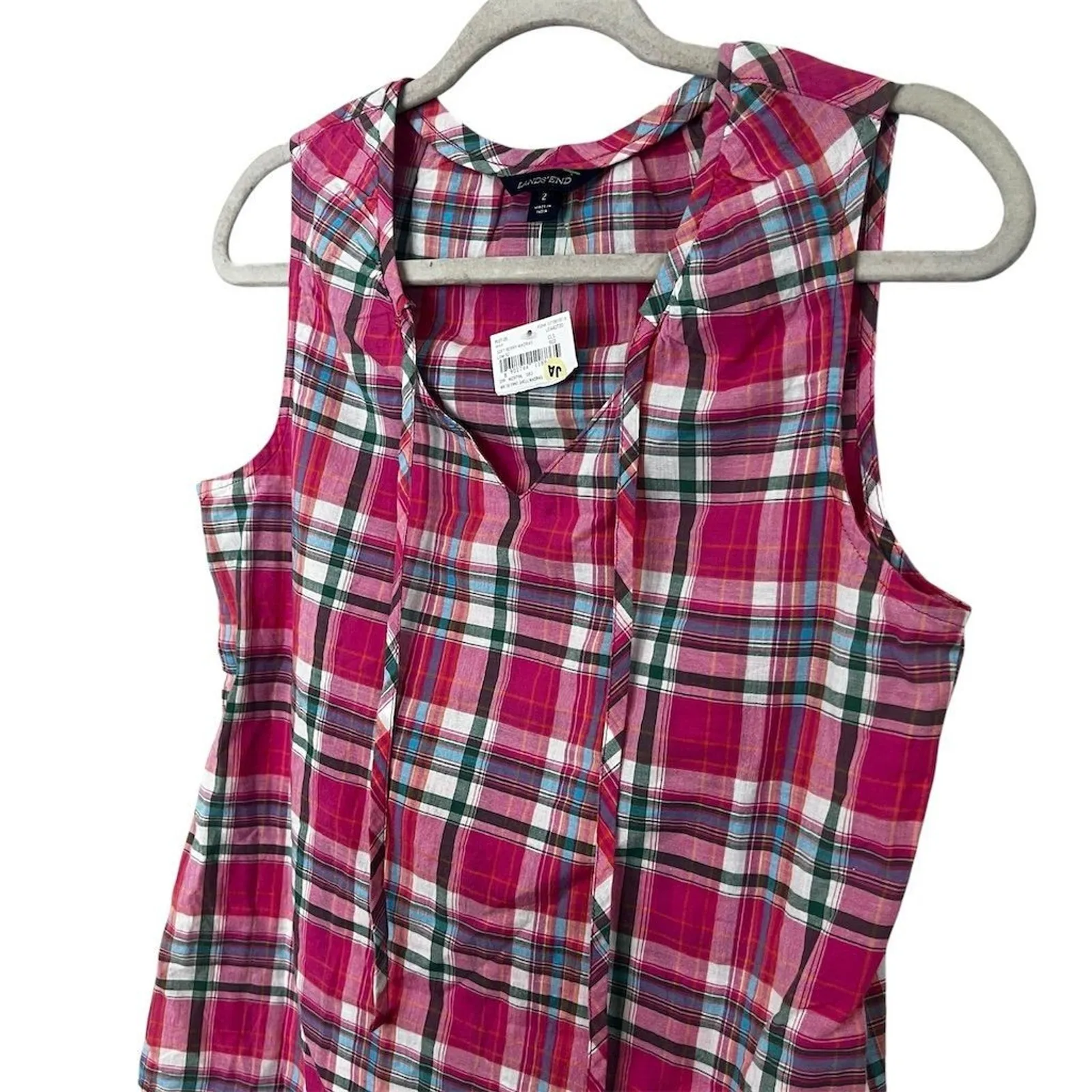 Lands' End Women's Pink Plaid Sleeveless V-Neck Tank Top Size 2 - Image 2