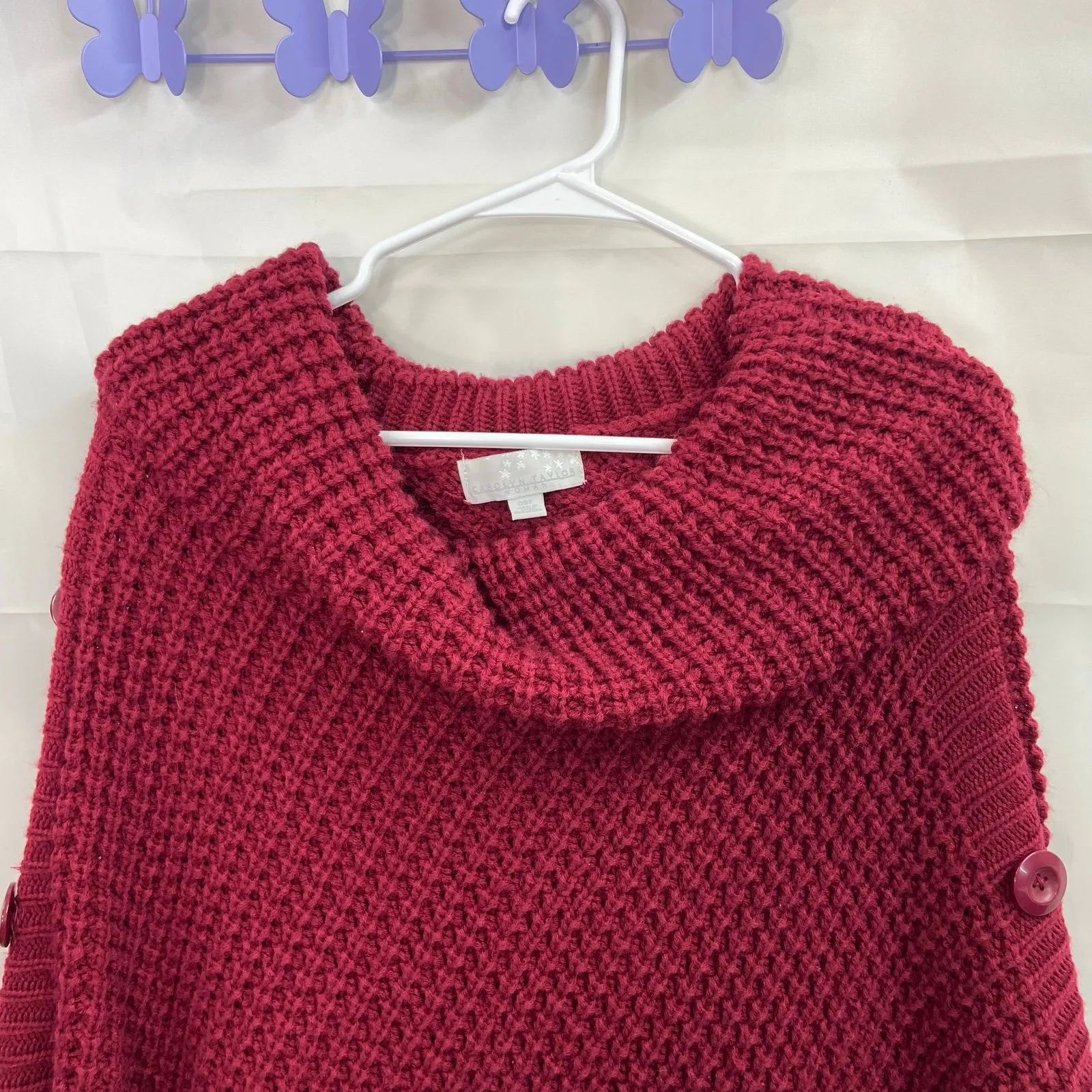 Carolyn Taylor women's deep red button thick knit cowl neck poncho‎ sweater OS - Image 3