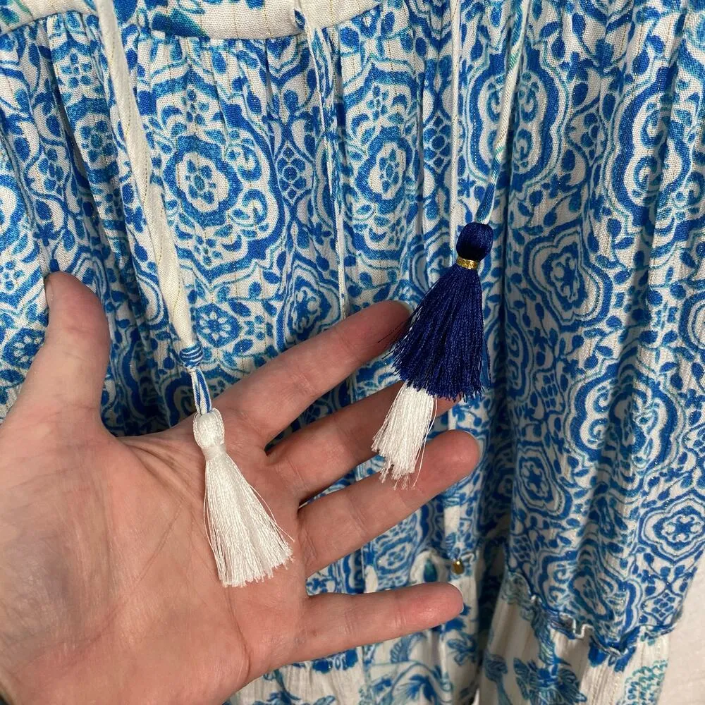 House Of Harlow 1960 Blue Floral Fringe Tiered babydoll Mini Dress Sz.XS - Image 15