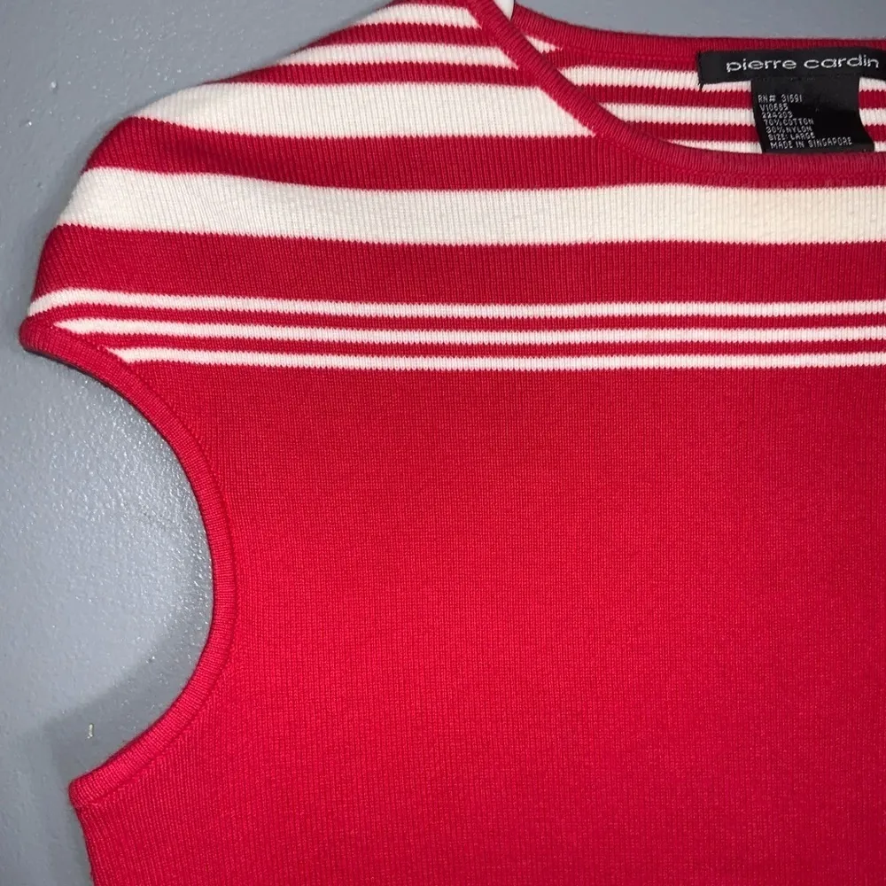 Pierre Cardin Vintage Red-White Stripe Sleeveless Round Neck Sweater Knit Top L - Image 5