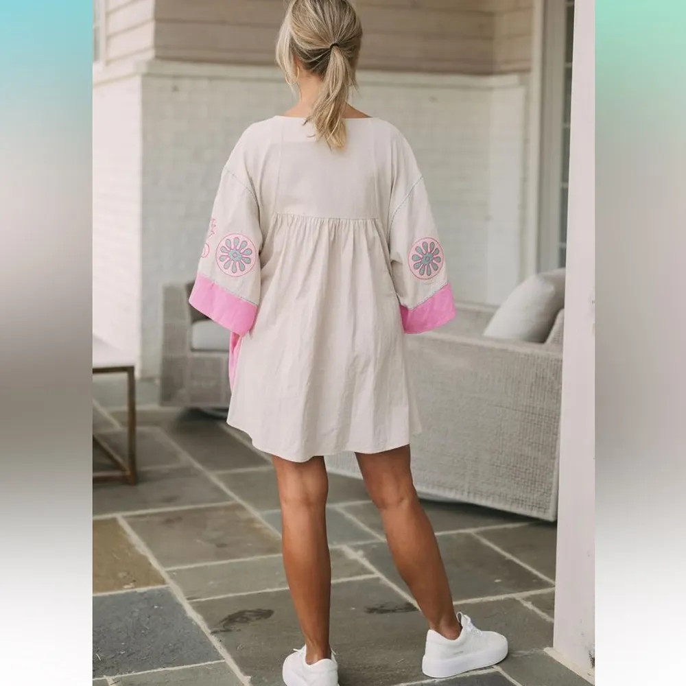 Embroidered Dress Pink Cream Boho Western M/L by Blue Velvet Size L - Image 4