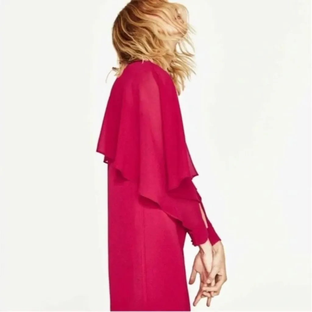 Zara Flowy Cape Dress in Fuschia Pink Chiffon & Crepe Size Large - Image 4