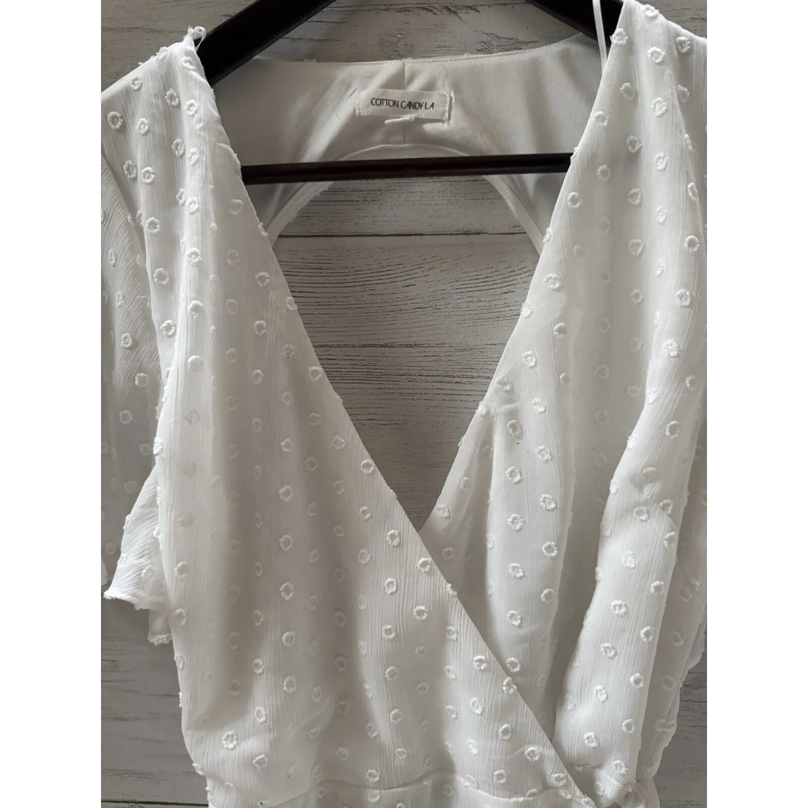 COTTON CANDY LA Flutter Sleeve Wrap Ruffle Bow Open Back Polka Dot Romper Size M White Size M - Image 6