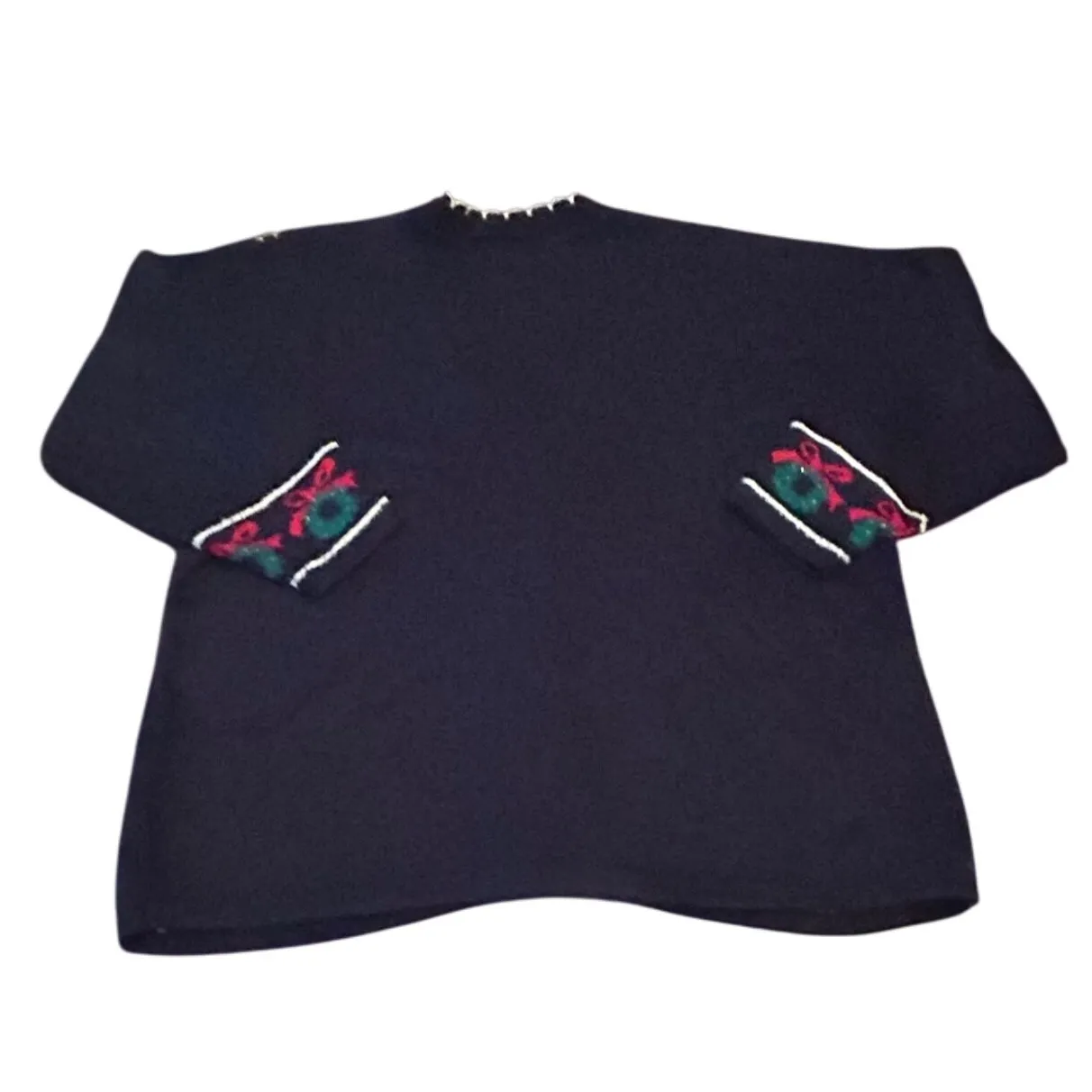 Vintage‎ Christmas Sweater Navy Blue Wreath Snowflake Holiday Cardigan Sz Medium - Image 5