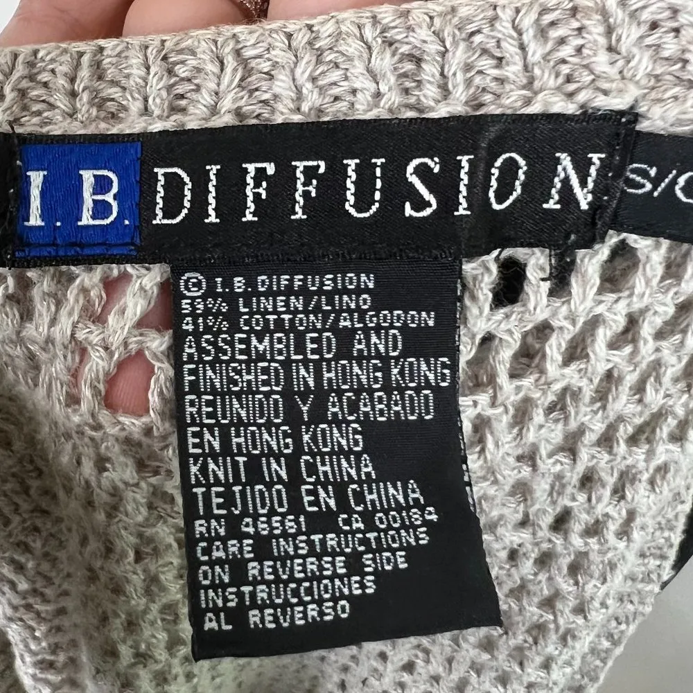 Vintage Loose Knit Button Front Crochet Beaded Beachy Coastal Vest Linen Blend Tan - Image 13