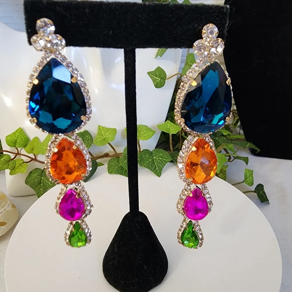Statement Glam Drop Earrings Multi Color Teardrop Orange - Image 4