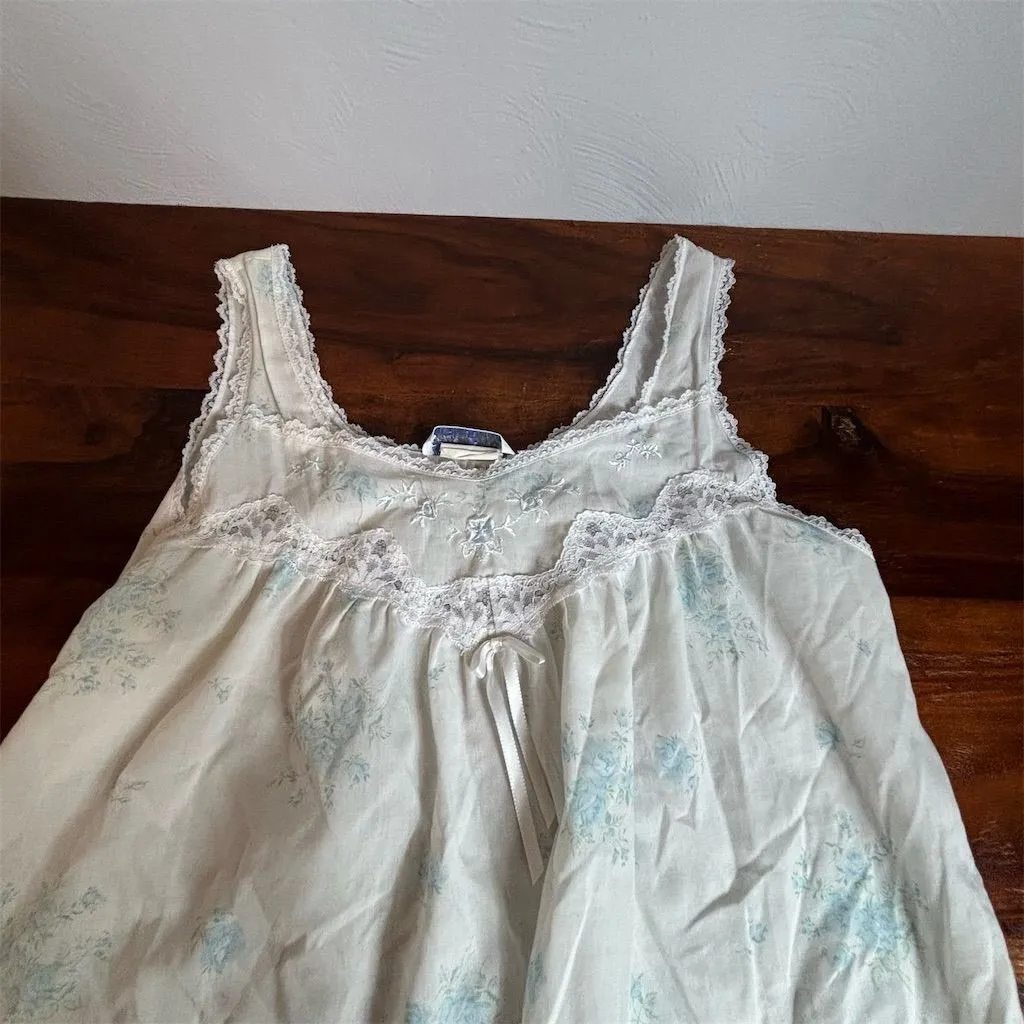 Vintage Eileen West Women's Babydoll Nightgown M Blue Floral Lace Trim Size M - Image 2