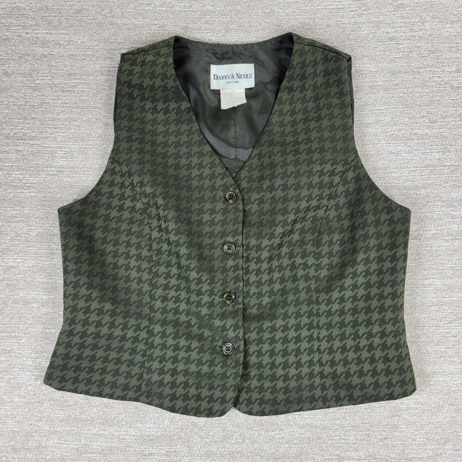VTG Danny & Nicole Skirt Suit Size 10P Olive Green Houndstooth Vest Pencil Work - Image 6