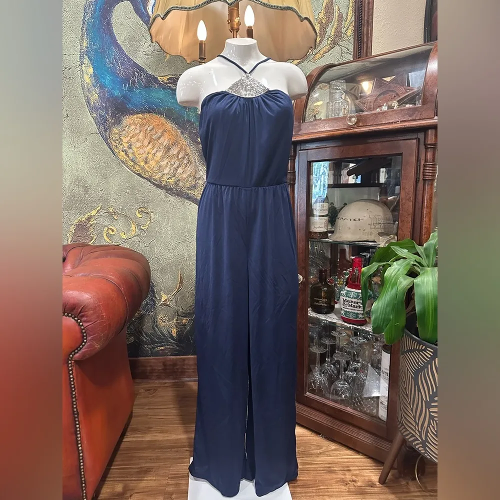 EUC VINTAGE JENNE CIRCLE INN Navy Blue Jumpsuit with a neck bidetD embellishment Size M - Image 3