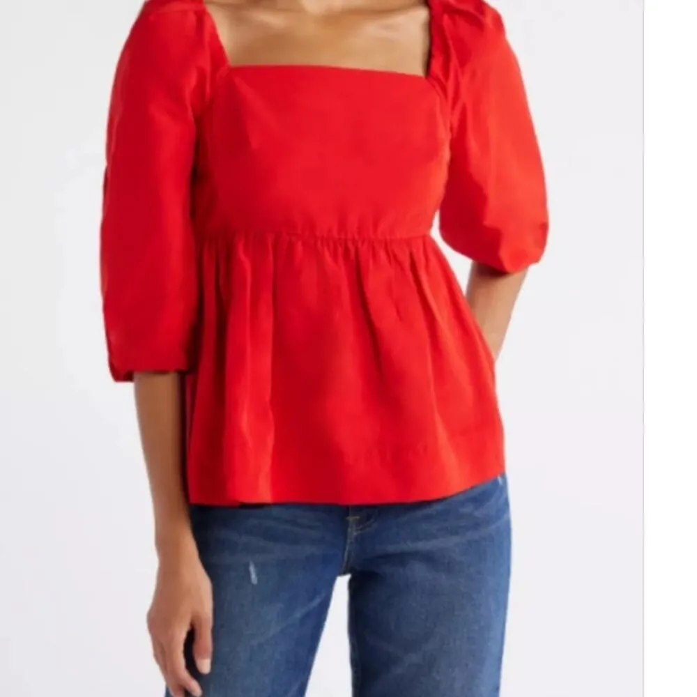 Free Assembly Red Top Square Neck Size Small Blouse Peasant Puff Sleeve - Image 2