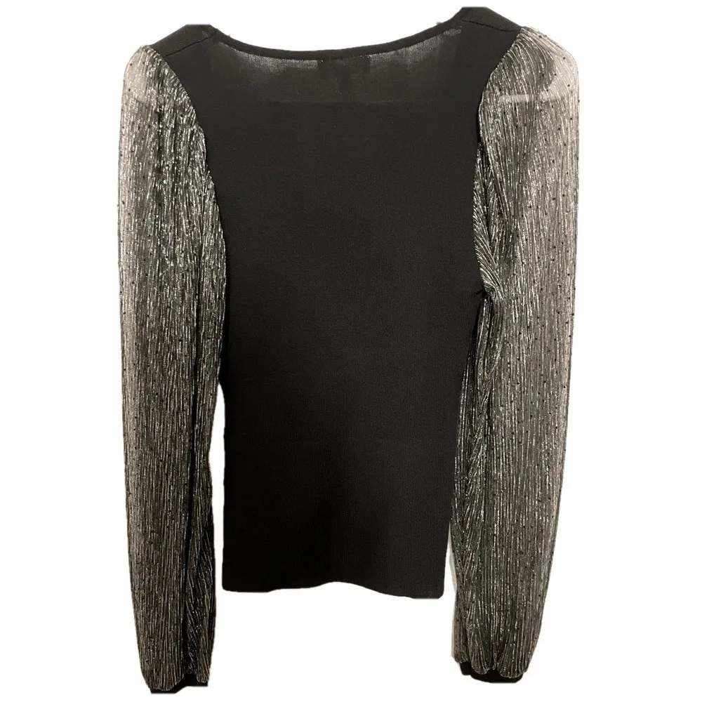 eesome square neck sweater knit top small black metallic sheer sleeves edgy chic - Image 7