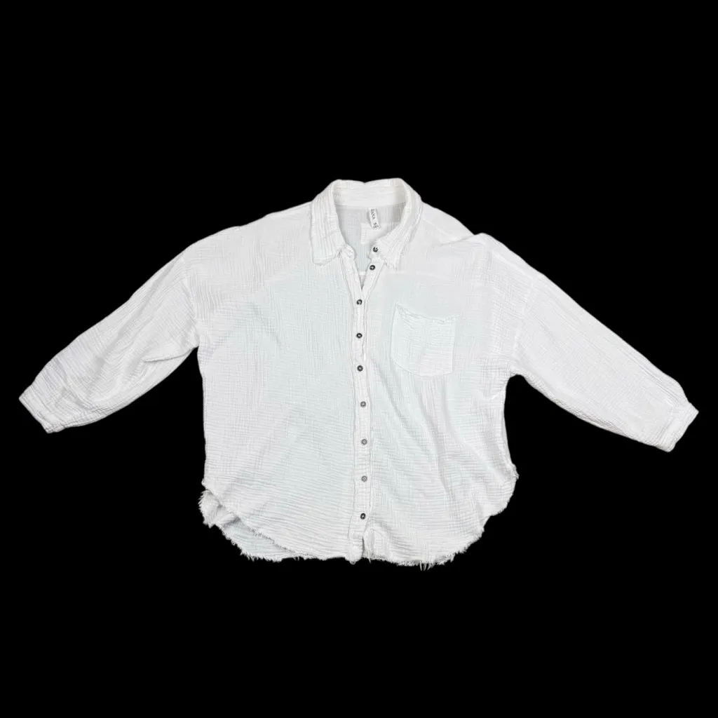 Zenana Double Gauze Oversized White Super Soft Button Down Shirt Raw Hem 1X - Image 2