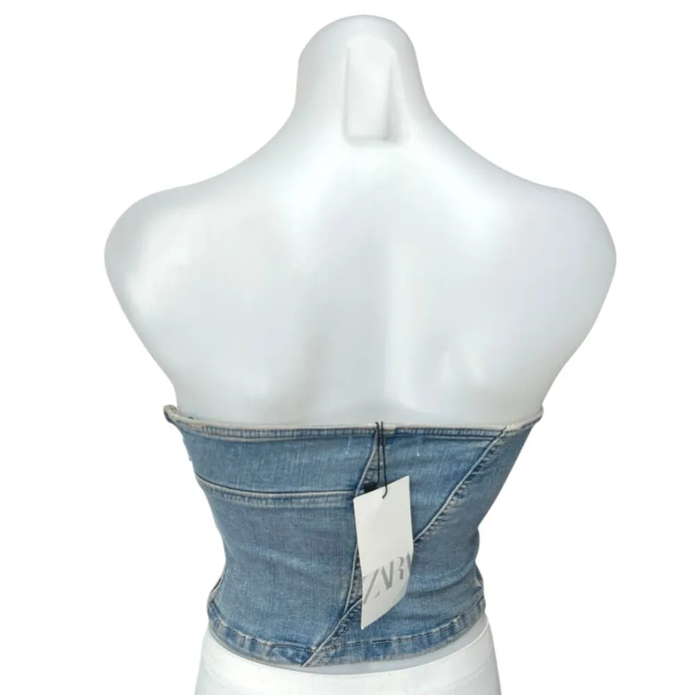 NEW Zara Blue Strapless Tube Sleeveless Pullover Denim Jean Crop Top Size XS - Image 2