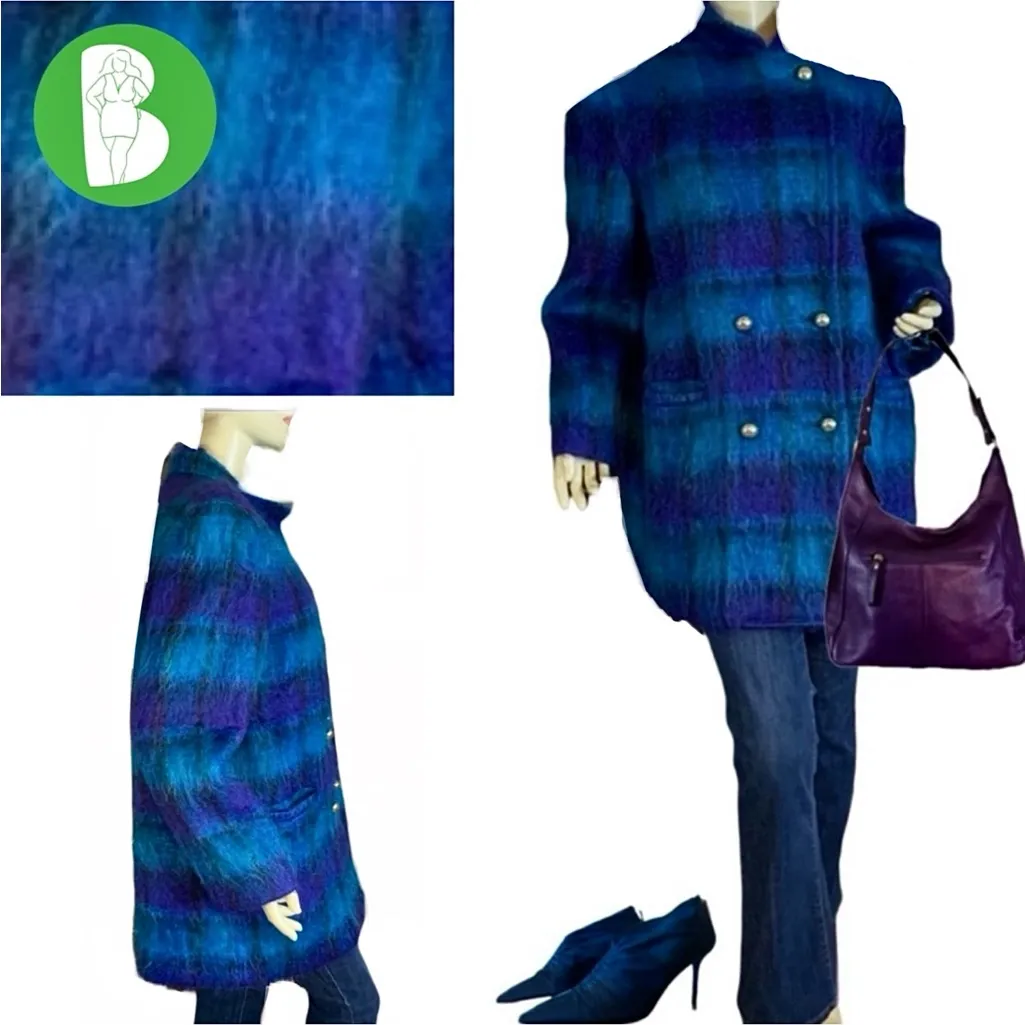 VINTAGE 1980'S GEORGE DAVID FASHIONS TURQUOISE & PURPLE PLAID MOHAIR COAT (14) - Image 2