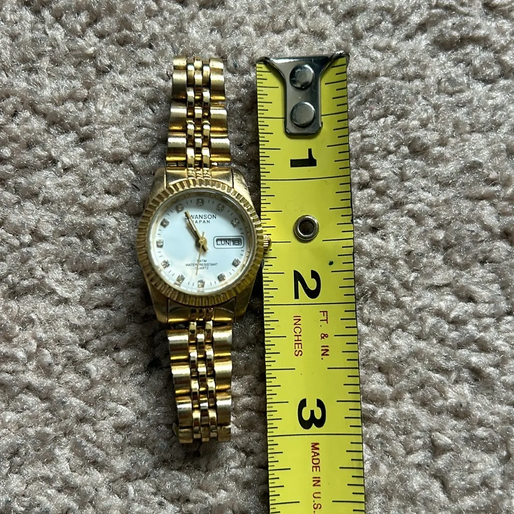 Swanson womens vintage dainty gold tone crystal watch one size measurement shown - Image 4