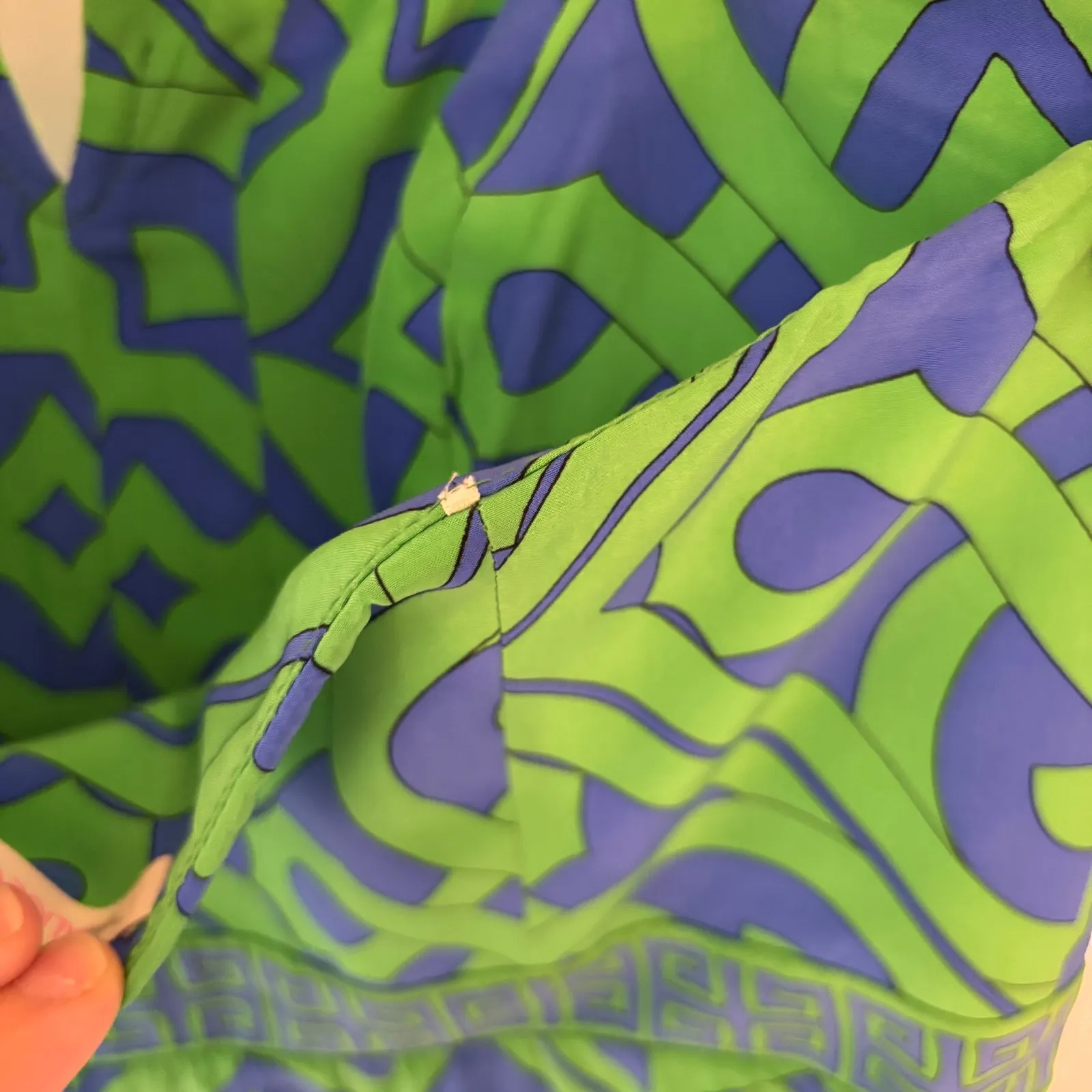 Alice & Trixie EUC Women's Green Blue Silk Strapless Geo Print Dress Size M - Image 6