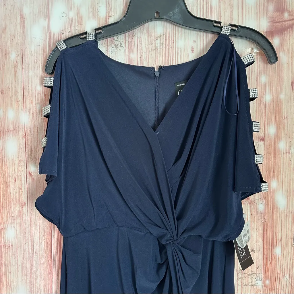 Alex Evenings Embellished Ladder Sleeve Draped Knot Front Gown Navy Blue Size 6P - Image 4