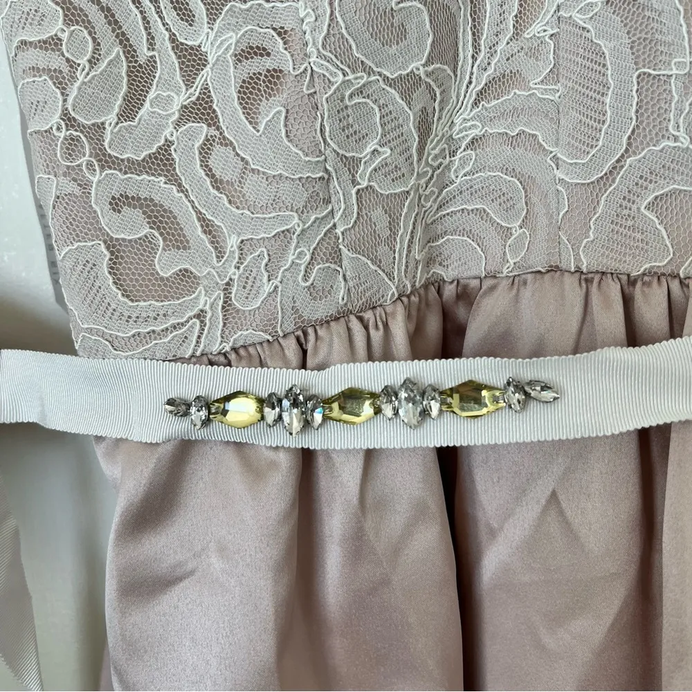 Dessy Collection After Six Cameo Cream Blush Lace Cocktail V Neck Dress Size 8 Pink - Image 6