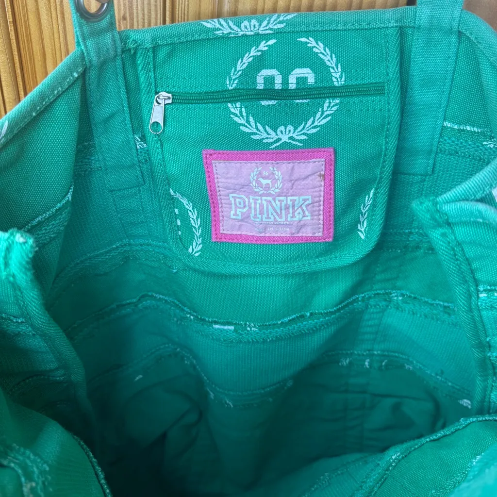 Vintage Victoria’s Secret PINK Green and White Monogram Canvas Tote Bag - Image 6