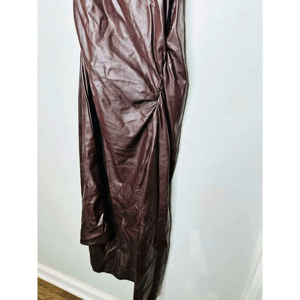 A.L.C. Brown Faux Leather Sleeveless Strapless Ruched Side Cutout Andie Dress 8 - Image 6