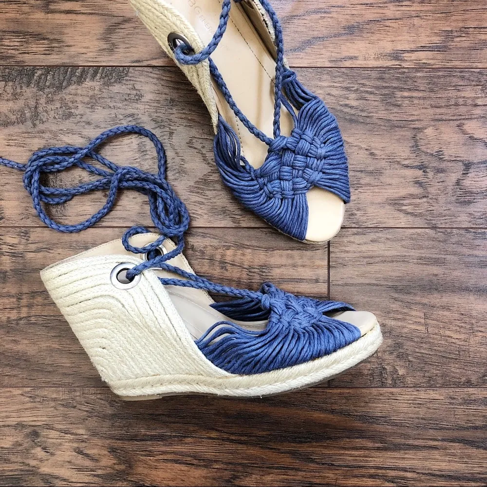 BCBGeneration • Pike espadrille sandals blue wedge ankle tie macramé crochet - Image 2