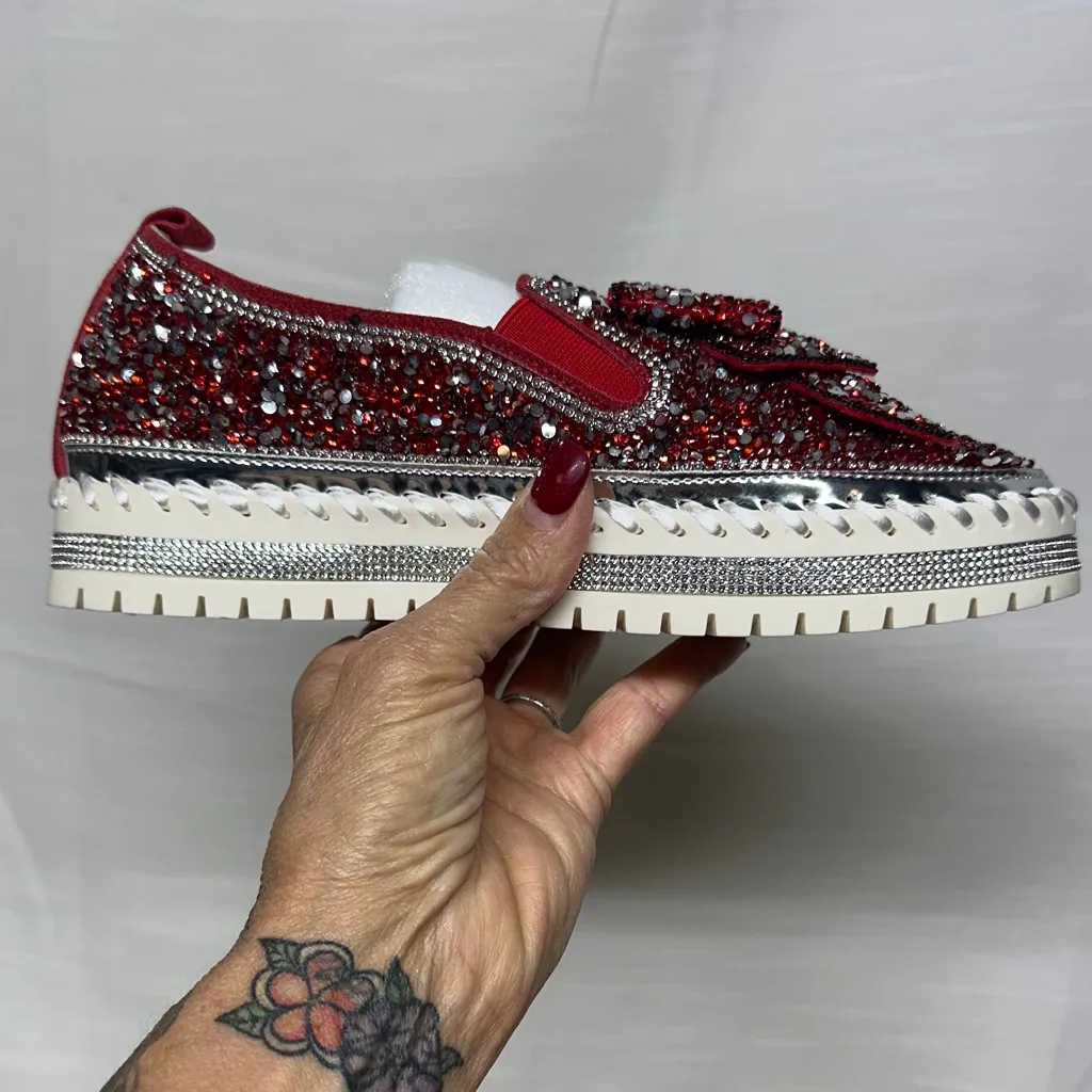 Glittering Red Women's Loafers with Bow Size 8.5 - Image 3