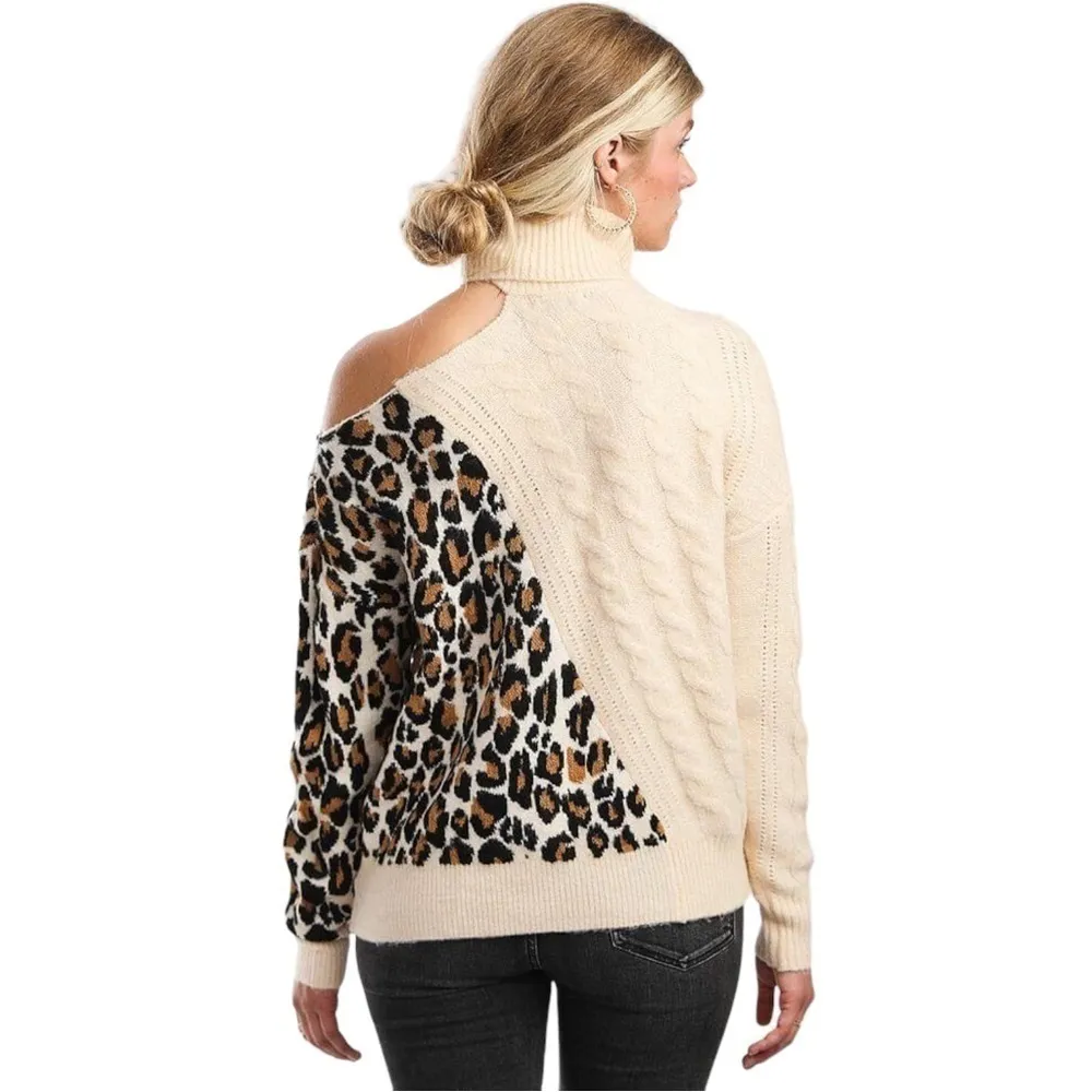 RED BY BKE Mob Wife Cold One Shoulder Cable Knit Sweater Leopard Small Brown - Image 2