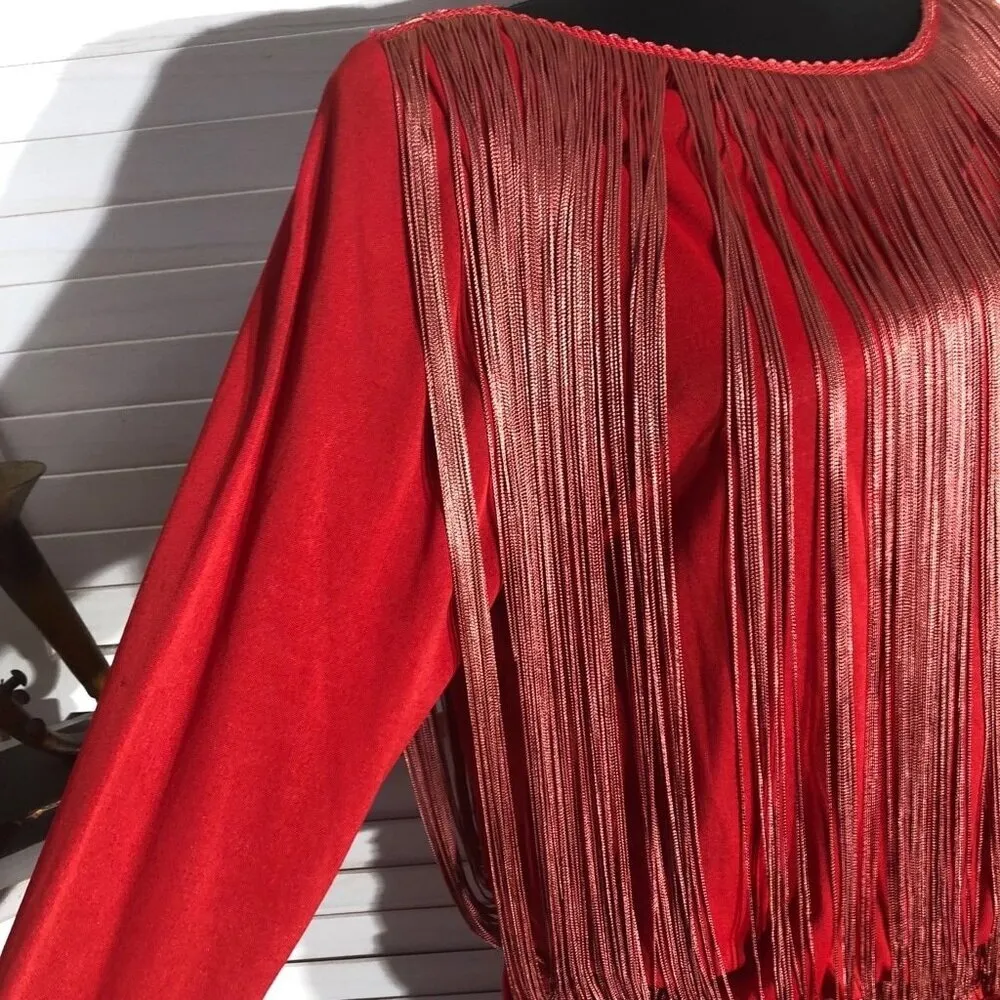 Vintage rare 70s Red Fringe 20s Flapper style elegant Cocktail Dress Sz L Size L - Image 7