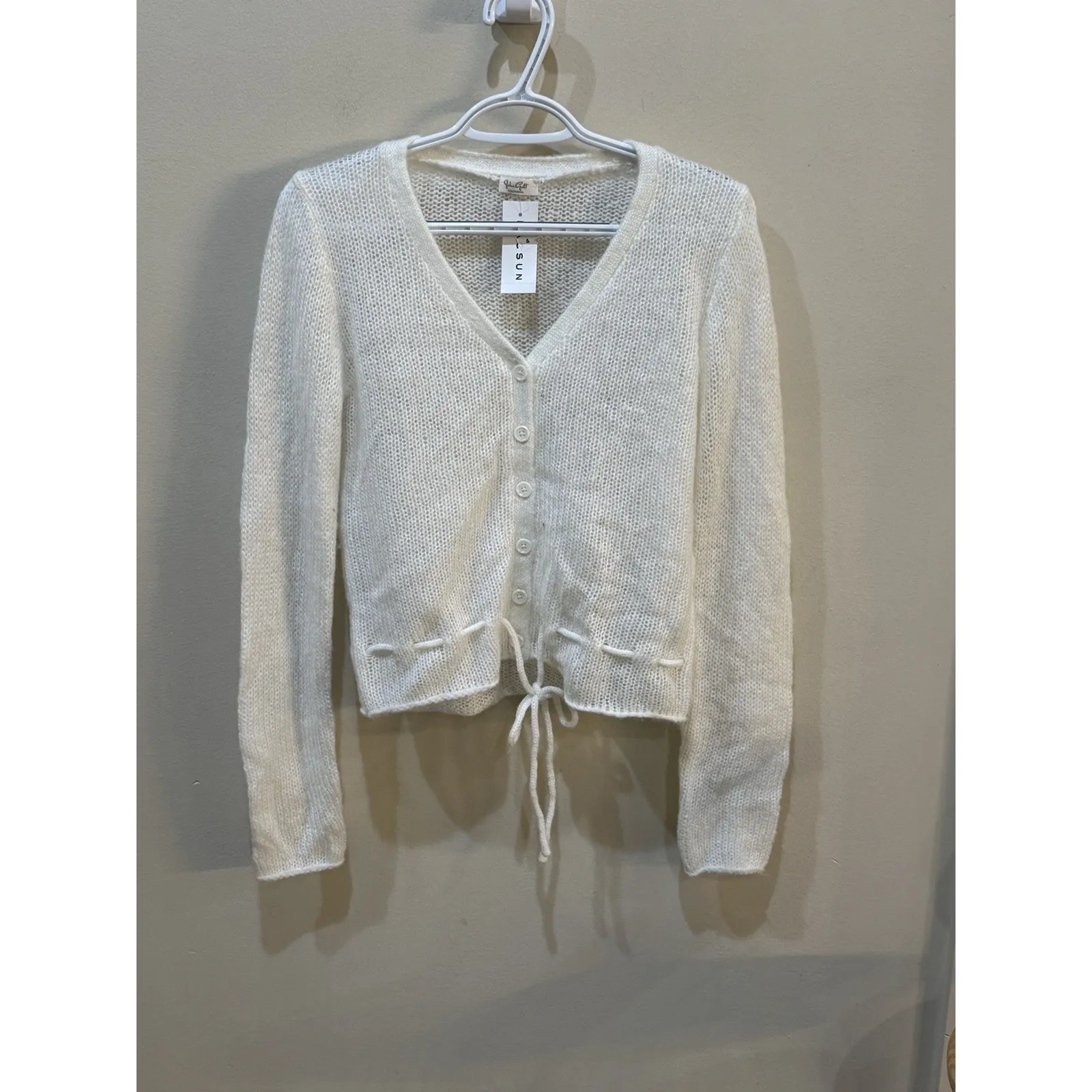 John Galt White Button Front Tie Cardigan Wool Angora Blend White One Size Size undefined - Image 3