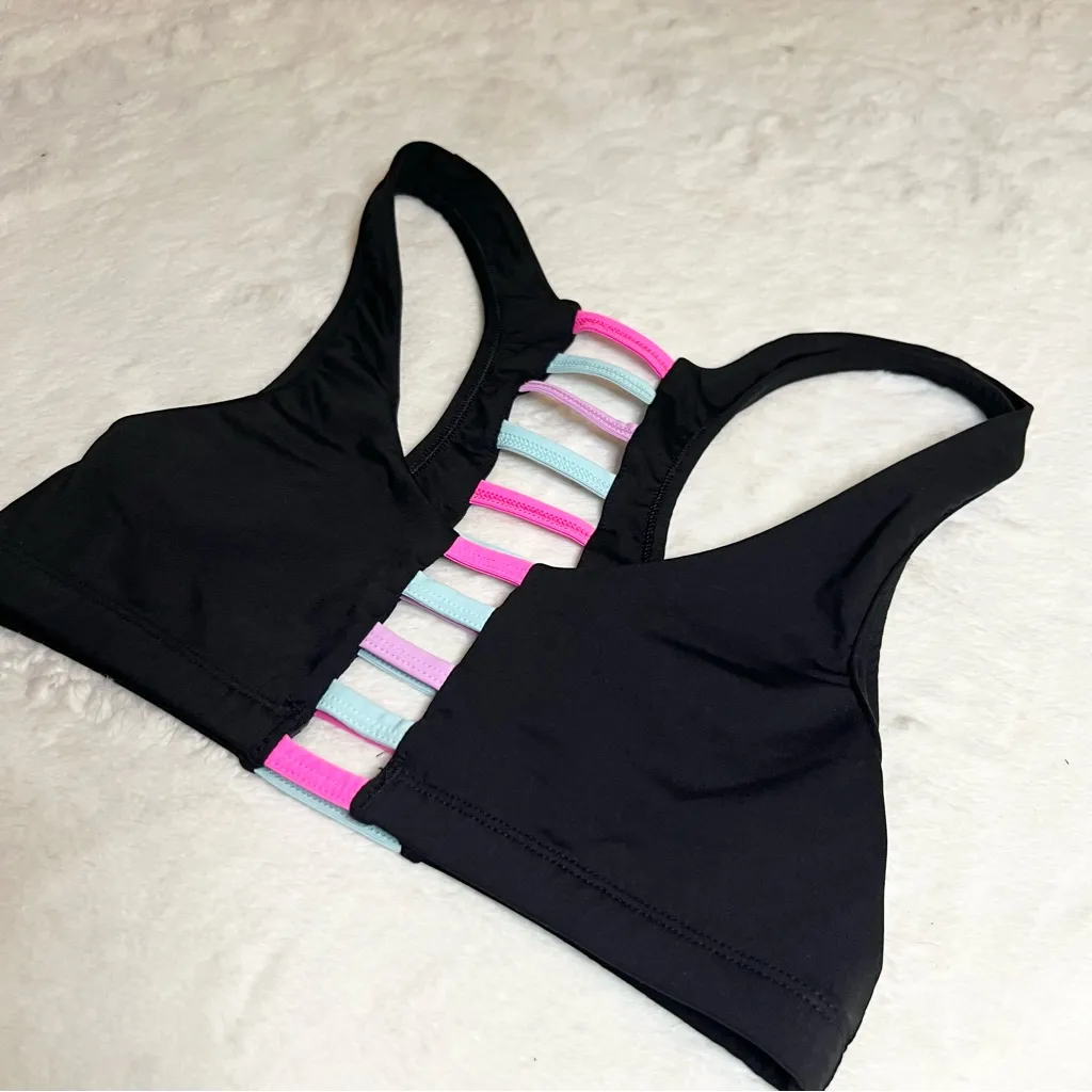 VS PINK Ultimate Sports Bra Size Small Black with Pink & Blue Strappy Cut Out - Image 6