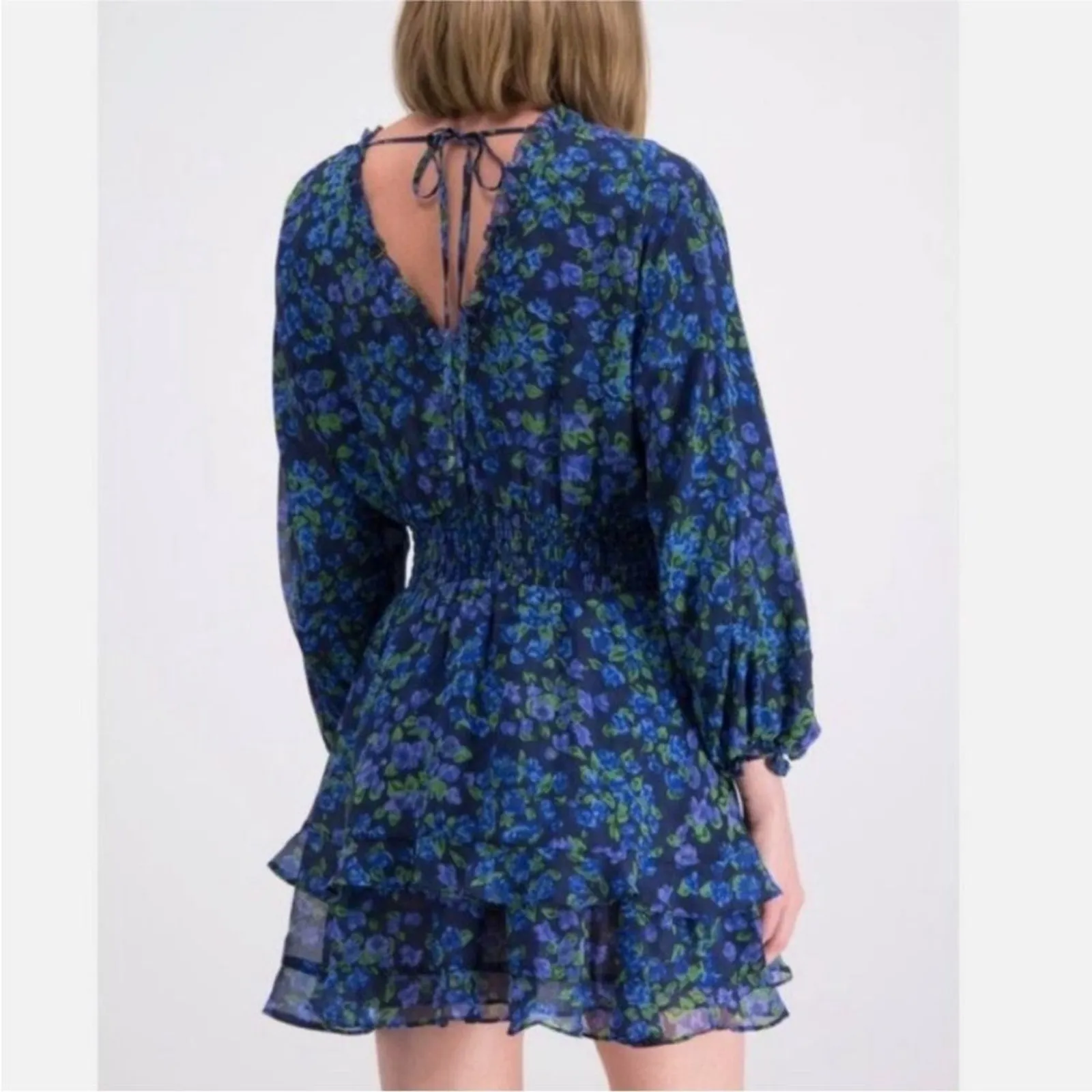 The Kooples Size 2 100% Silk Blue Floral Ruffle Dress Flowy Long Sleeve Cocktail - Image 10