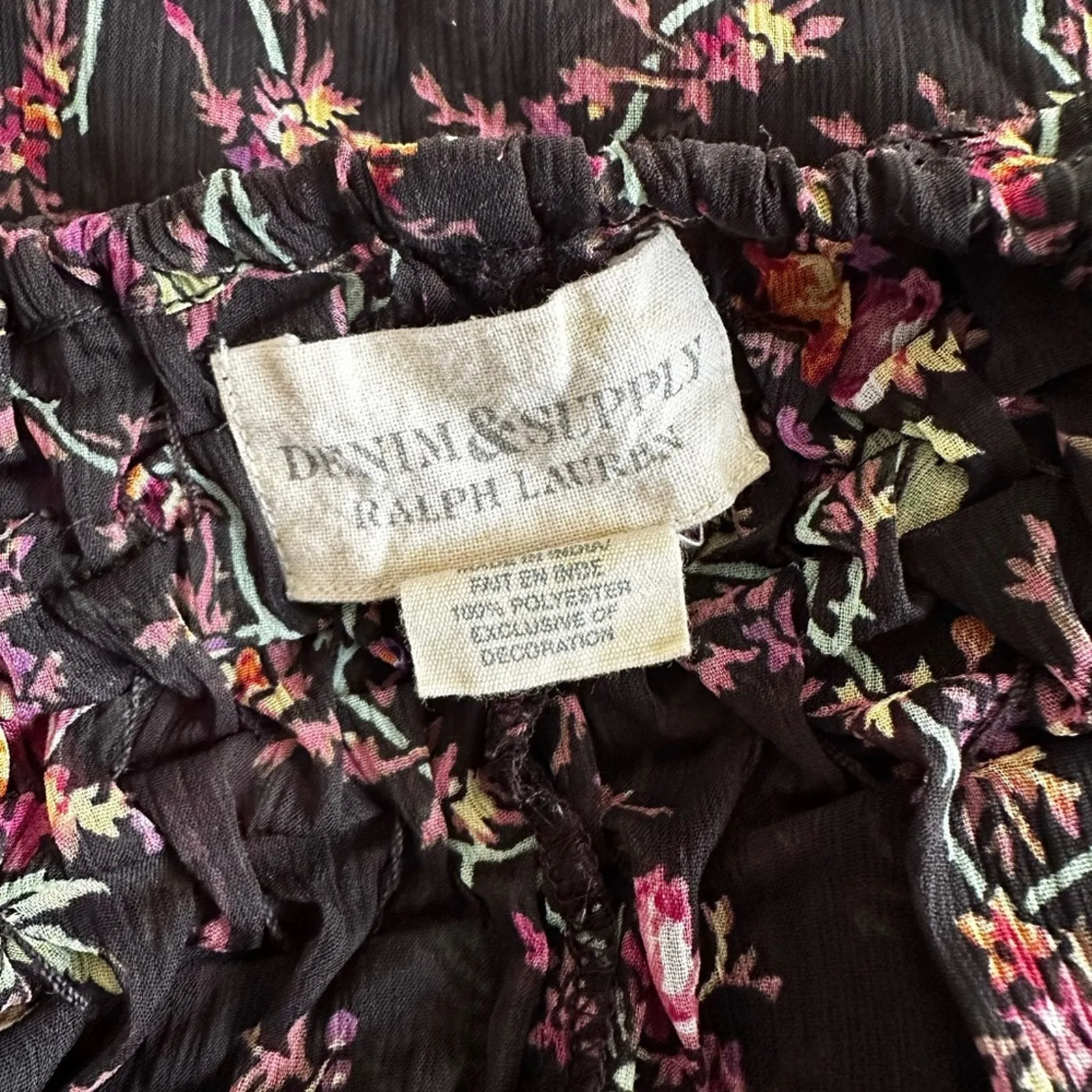 Vintage Ralph Lauren Denim & Supply Sheer Boho Peasant Top Black Floral Tassels - Image 5