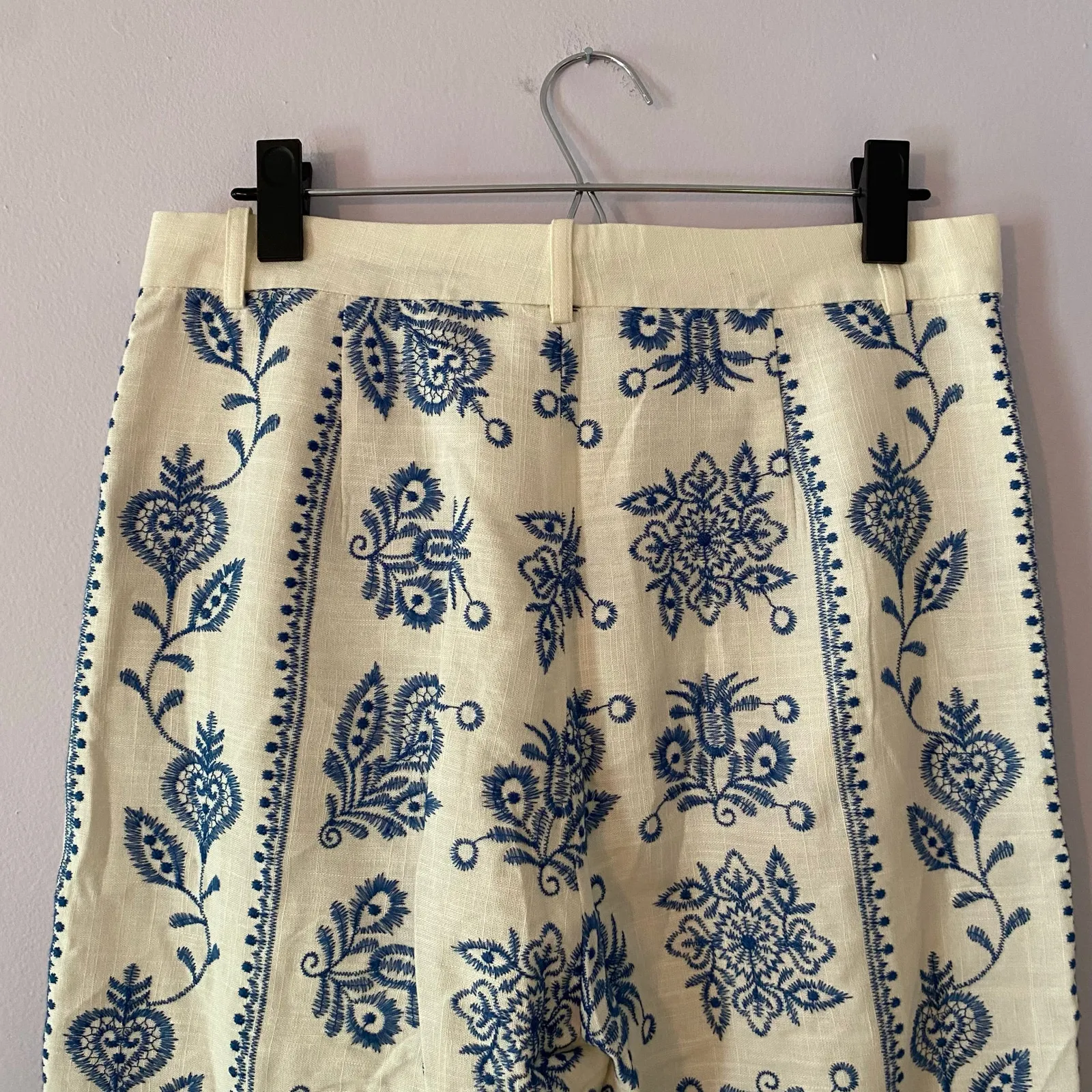 Zara Cream Blue Embroidered Viscose Linen Blend Wide Leg Pants Women size Medium - Image 9