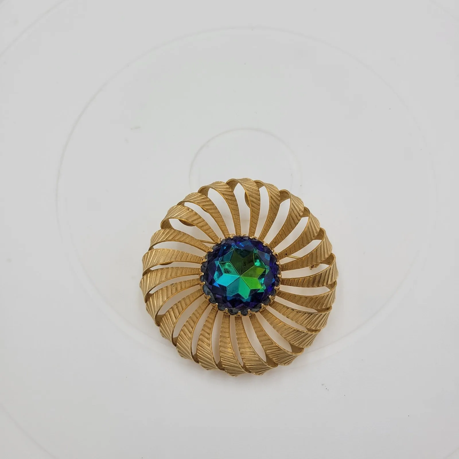 Vintage Rhinestone Pinwheel Brooch 2" Blue Green Gold Tone Crown Setting Pin - Image 2