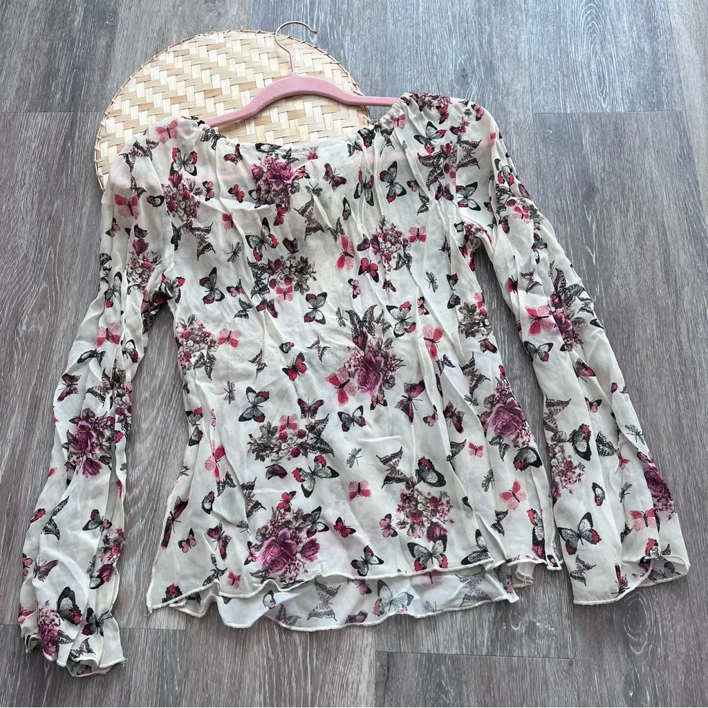 Vintage Y2K‎ butterfly print babydoll bell sleeve crochet sheer blouse White - Image 8