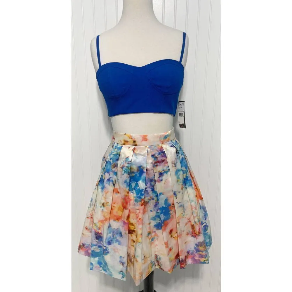 Aqua Bustier Crop Top Pleated Skirt Cutout Mini‎ Dress Marble Print Blue White 6 - Image 12