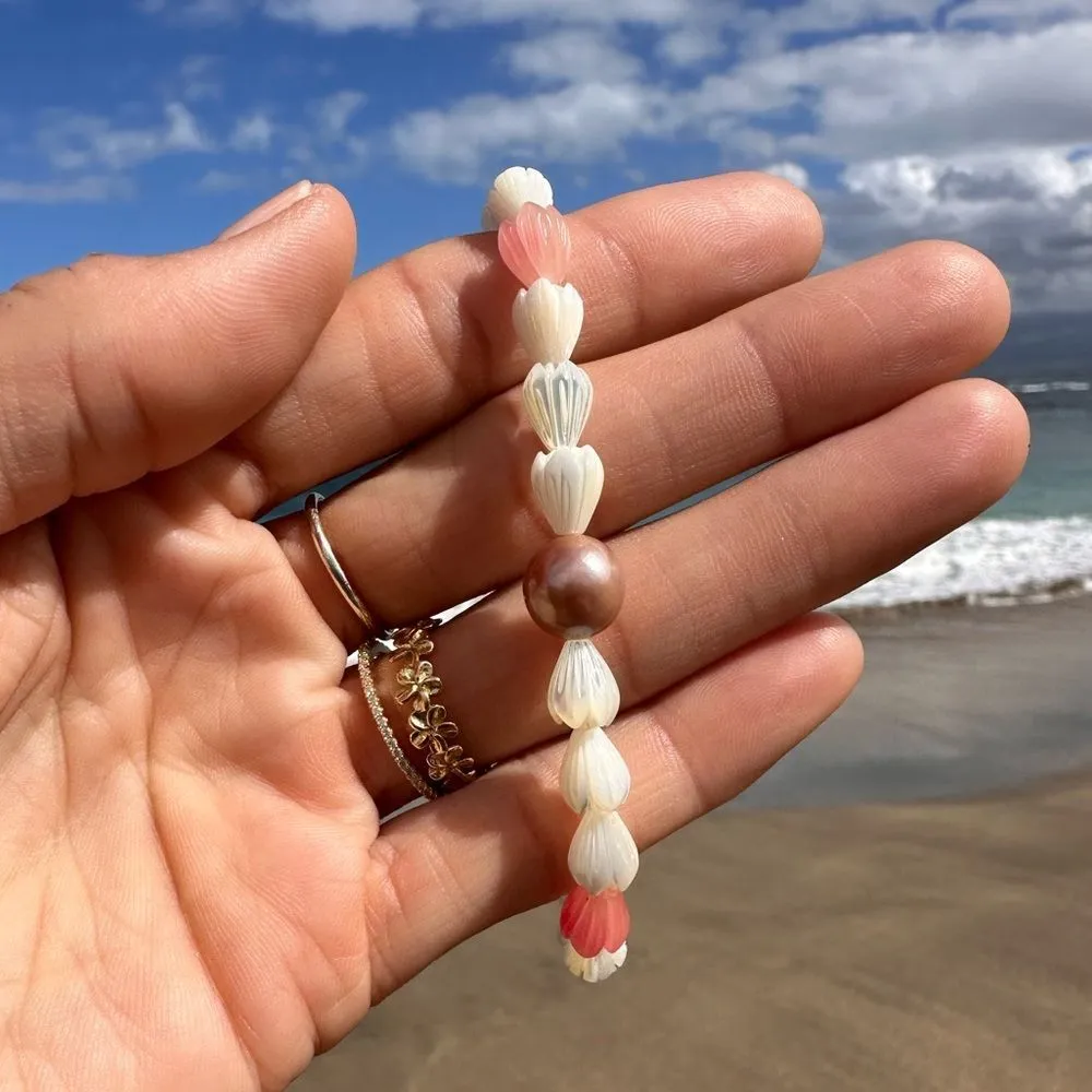 Edison Pearl Mother of Pearl Ivory & Pink Pikake Bracelet Purple - Image 12