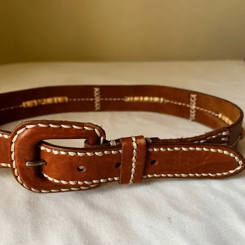 Vintage Brown Leather Belt Contrast Stitching Wood‎ Bead Detail Boho Western 30 - Image 2