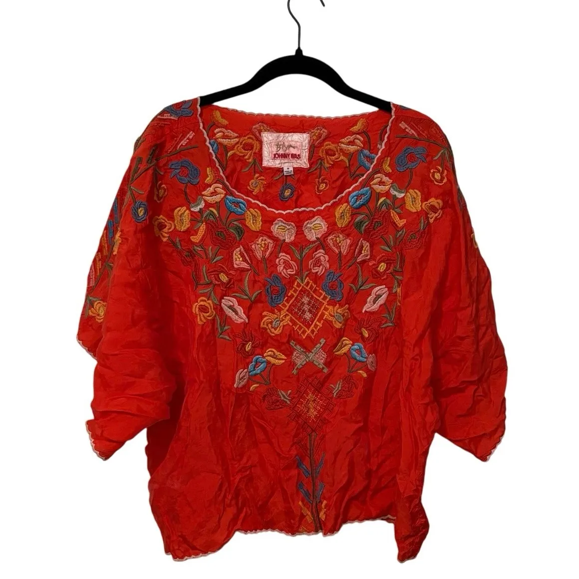 Johnny Was Biya Red Floral Embroidered Lombriga Cupra Blouse Top Size Medium - Image 3