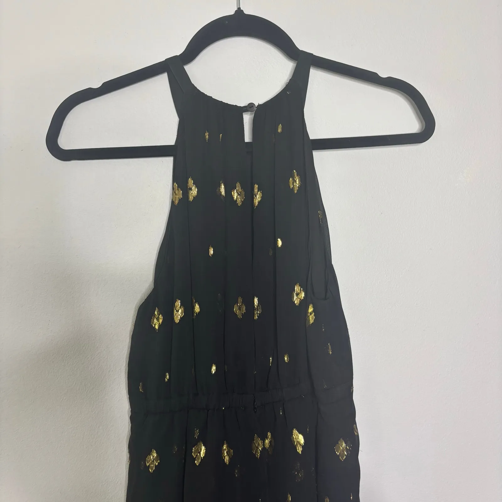 ALC Rosa Sleeveless Fil Coupe Silk Black Ruffle Halter Midi Dress Metallic Gold - Image 12